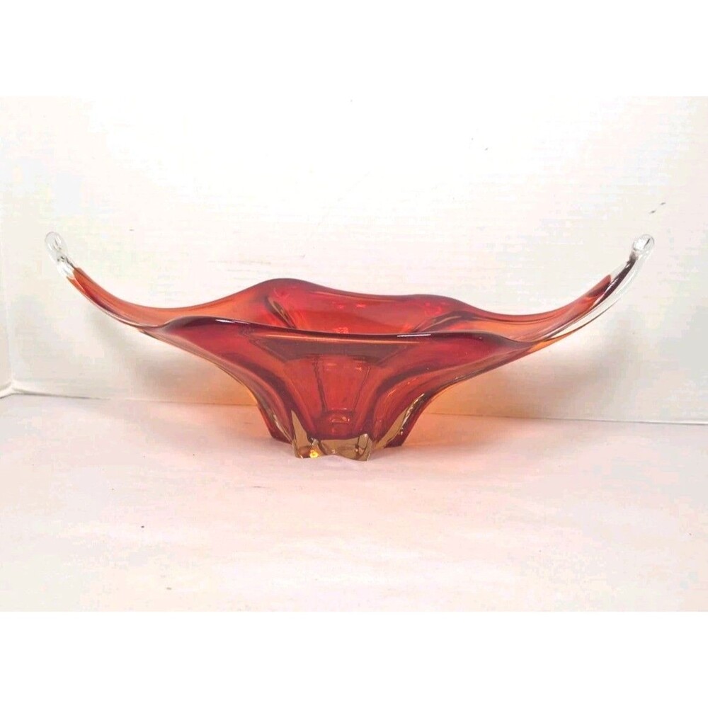 Vintage 1950's Murano Art Glass Centerpiece Orange/Red Bowl MCM 16.5"
